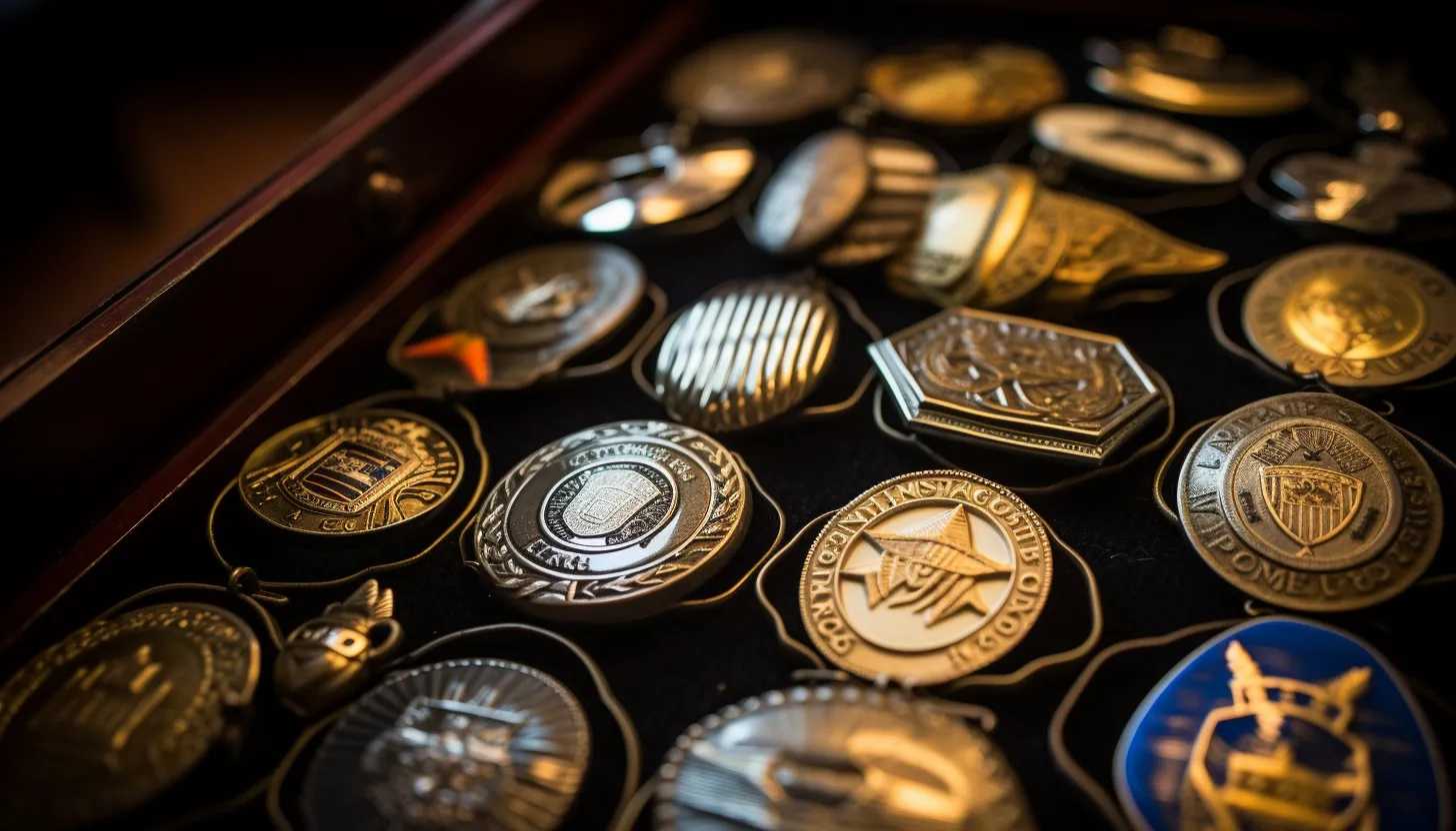 A collection of police badges, showcasing John Snowling's former place at the Ventura Police Department; an intimate look at a life before tragedy, taken with a Nikon D850.