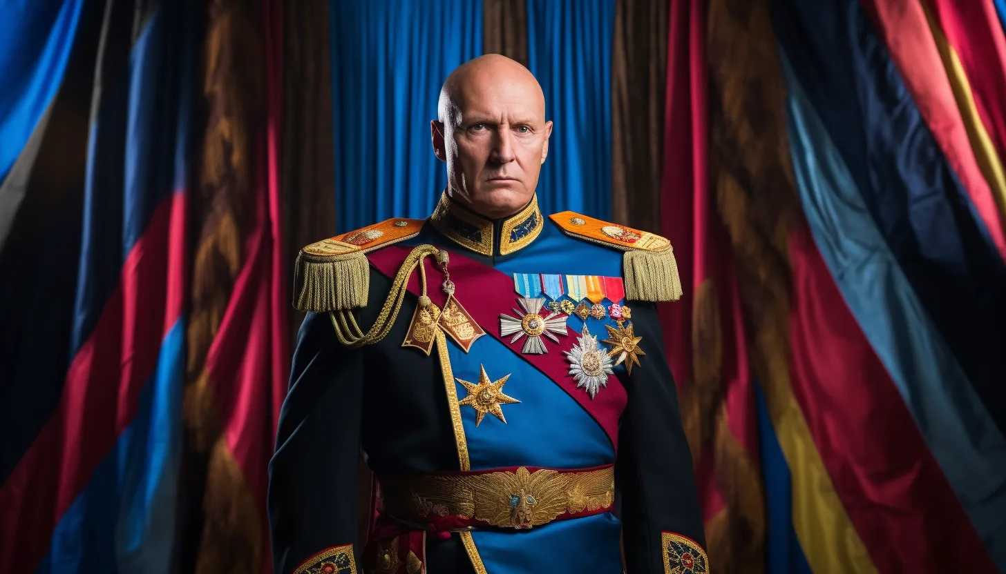 An image of Gen. Sergei Surovikin in full military regalia, standing sternly against a backdrop of Russian flags, clearly depicting the gravity of his role as 'General Armageddon' - taken with Canon EOS 5D Mark IV.