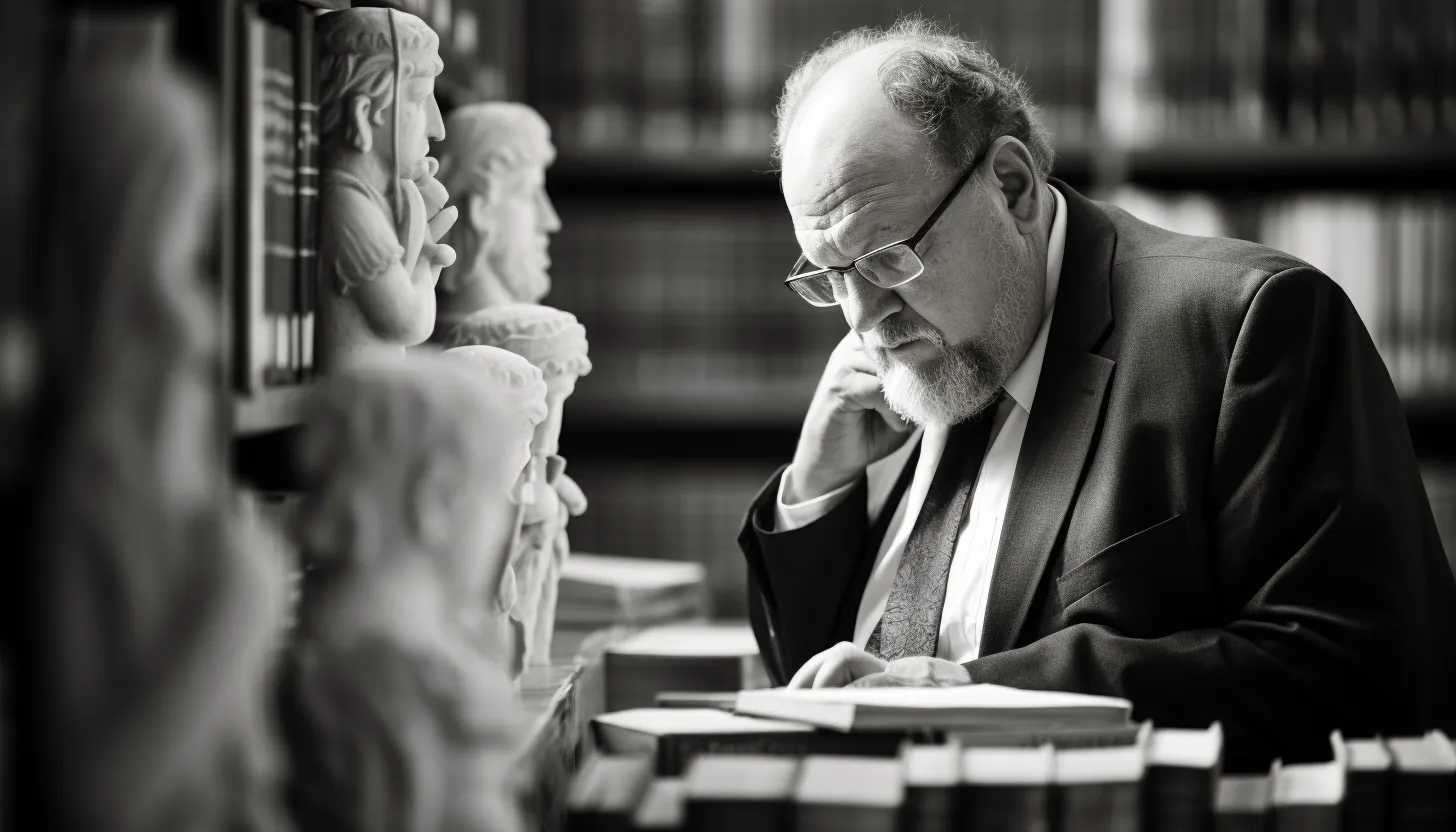 A black-and-white image of Jack Carr, deep in thought, facing a direction off-camera. This monumental shot captures Carr's solemnity while working. A shelf holding numerous books, including 'Seven Pillars of Wisdom', is slightly blurred in the background. Taken with Canon EOS 5D Mark IV.
