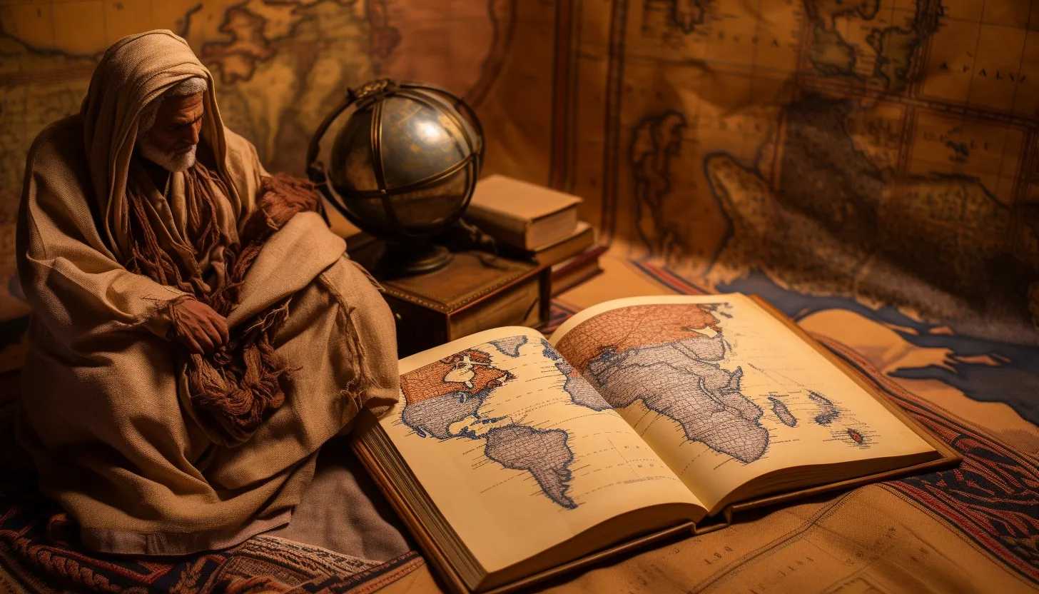 A vivid image of a dusty, vintage map symbolizing the Middle East - the intricate lines and faded colors lend it a deep strategic significance. Adjacent open book pages contain snippets of text in a foreign language. To solidify the connection to Lawrence, a single weathered photograph of T.E Lawrence rests atop the map, with his focused looks into the distance. Taken with Nikon D850.