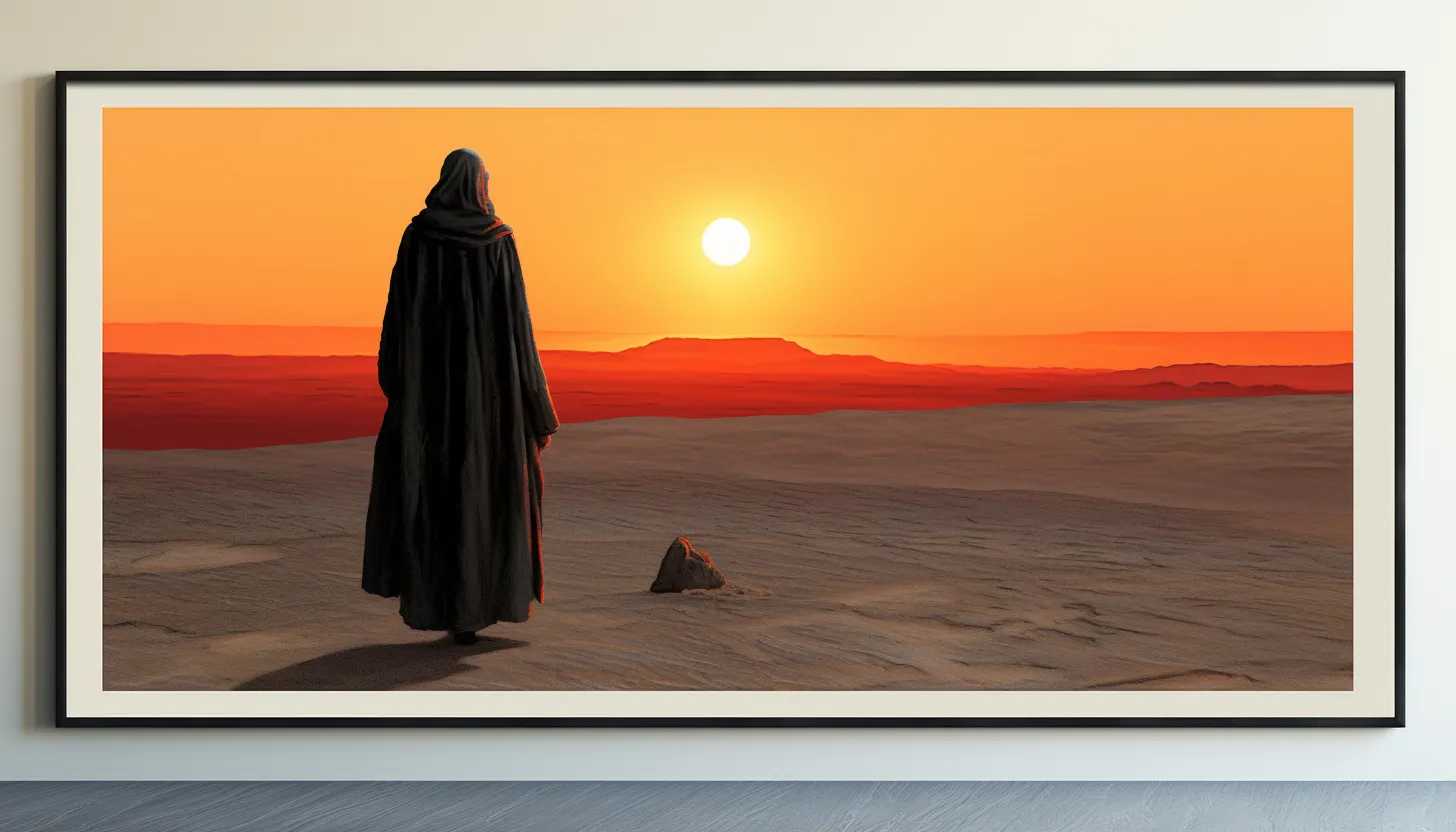 A dramatic frame presenting a lonesome figure standing on a hill, overlooking a sun setting behind an expansive desert, subtly referencing the Middle Eastern setting of Lawrence's struggles. A soft glow highlights the contours of the figure, casting a long shadow, signifying the lasting influence of T.E. Lawrence. Taken with Sony Alpha 7R III.
