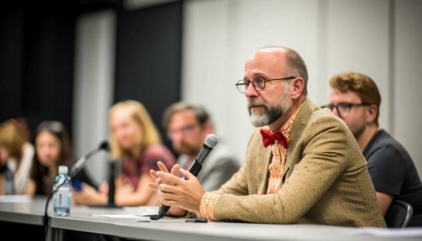 A candid shot of Professor Dr. Joshua Cowen from Michigan State University, engaged in a lively discussion at the 'Crisis In The Classroom' panel. Snapped with a Nikon Z6 II.