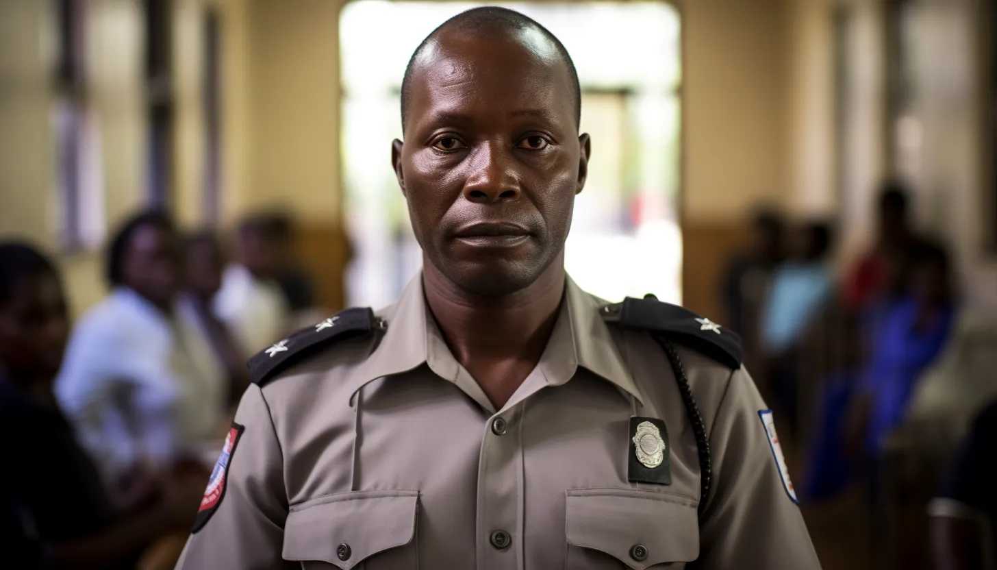 A stern-faced Zimbabwe police officer in uniform, presumably at a polling station, with voting materials visible in the background. (taken with Canon EOS 5D Mark IV)