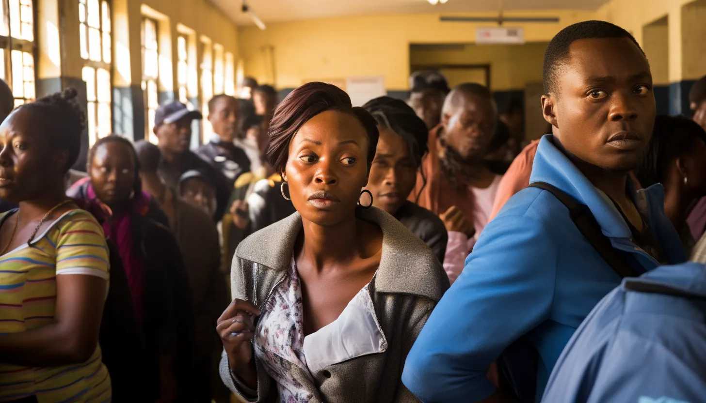 A wide shot of frustrated voters waiting in line at a polling station in Harare, Zimbabwe. Capture the essence of slight confusion and chaos. A person is seen arguing with uniformed officers. (taken with Nikon D850)