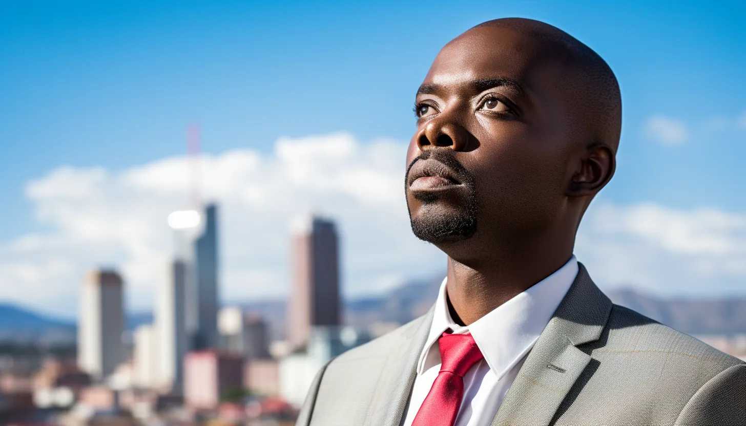 Nelson Chamisa, Zimbabwean opposition leader, standing with a thoughtful expression and a backdrop of a Zimbabwean cityscape. (taken with Sony Alpha a7 III)