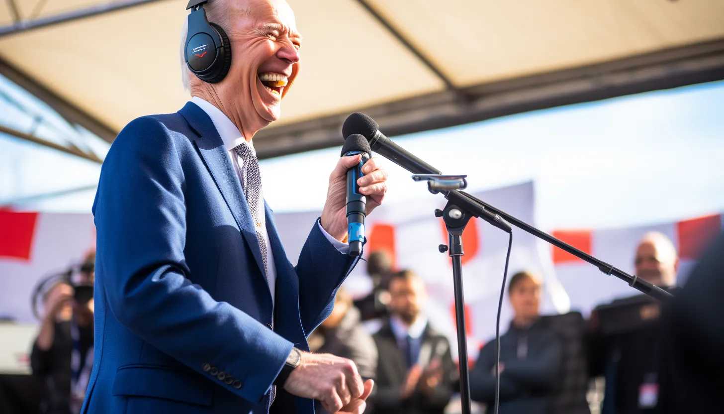 A picture of President Biden with a confident smile on his face, speaking to the crowd, taken with a Canon EOS 5D Mark IV