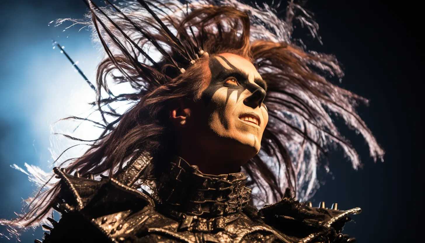 Alice Cooper, in his signature heavy makeup and theatrical attire, taken with a Nikon D850 during a live concert.