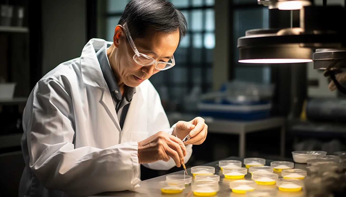 A solemn photograph of a researcher examining a petri dish, symbolizing the tracking, study, and analysis of the new variant BA.2.86. The room should be dimly lit with the focus on the scientist's focused expression. Taken with a Nikon D850 DSLR.