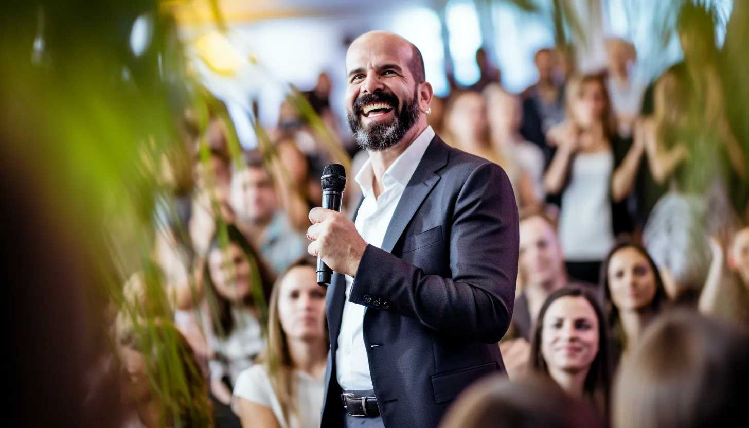 A candid still of Uber CEO Dara Khosrowshahi at an event, interacting enthusiastically with attendees. Shot on Sony A7R IV.