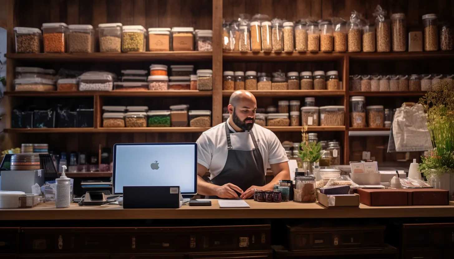 An image of a shopkeeper behind a counter, diligently tracking inventory and sales on a computer. This could be a representation of measures used for controlling 'shrink'. Taken with a Sony Alpha A7 III.