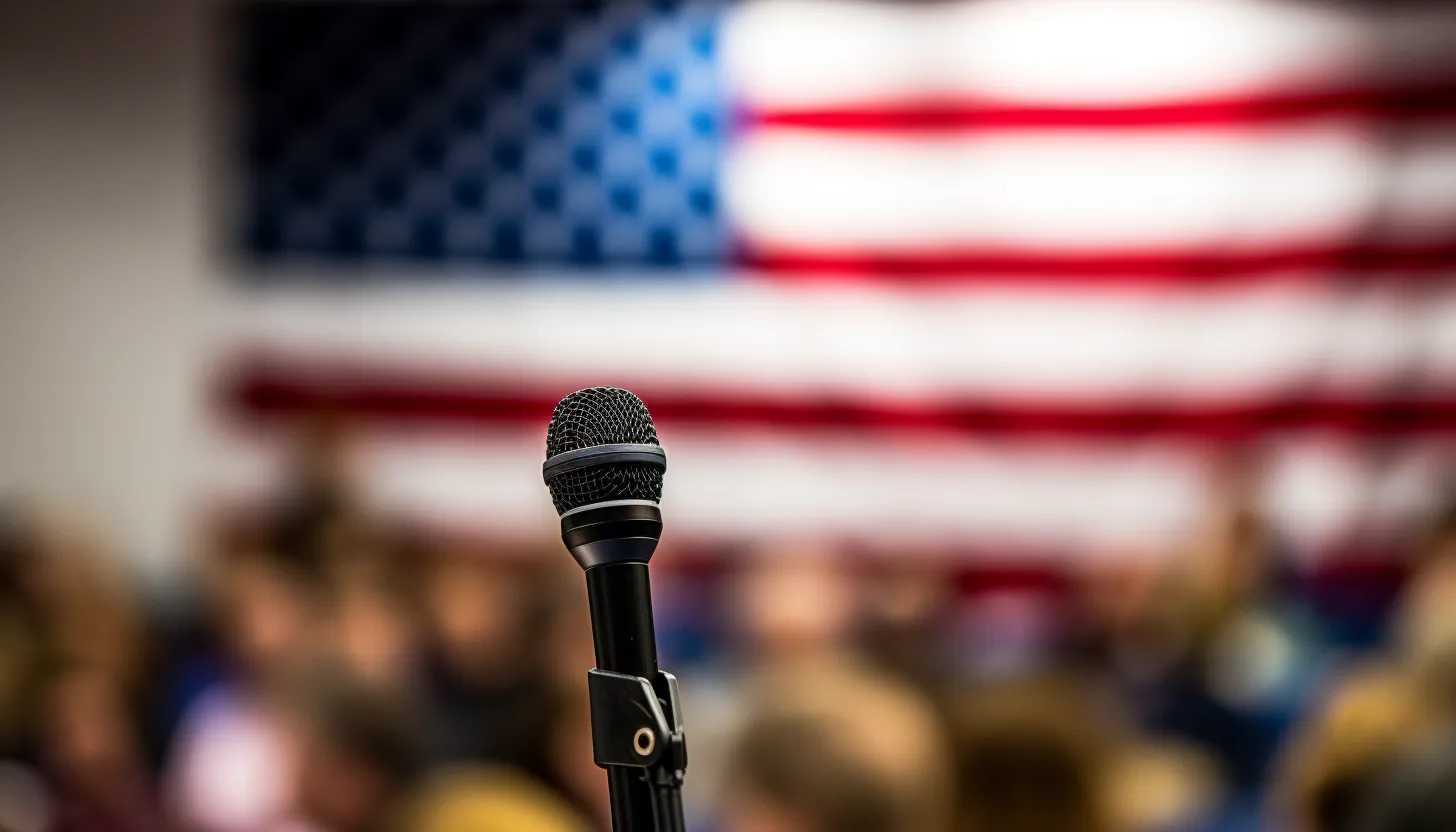 A heated school board meeting underway, featuring a close-up shot of a microphone on the podium against a blurred backdrop of a divided crowd waving both Pride and American flags. Taken with Nikon D850.