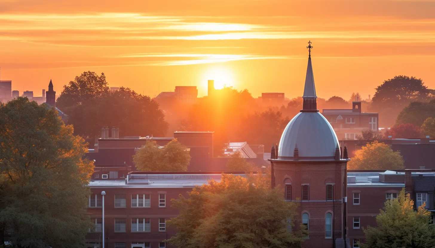 A photo of a University of Michigan, Ann Arbor campus building in the backdrop of sunrise, symbolising new beginnings and hopes, taken with Nikon D850