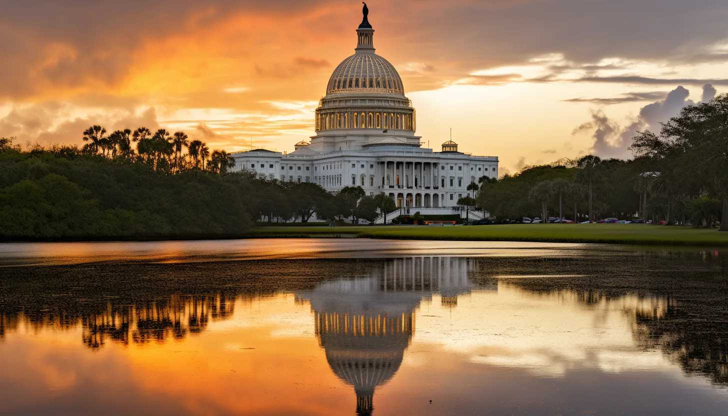 Final image of the U.S. Senate building in Florida reflecting the golden hues of a setting sun, illustrating the nearing election dates and her political ambitions. Taken with a Sony Alpha 7R IV.