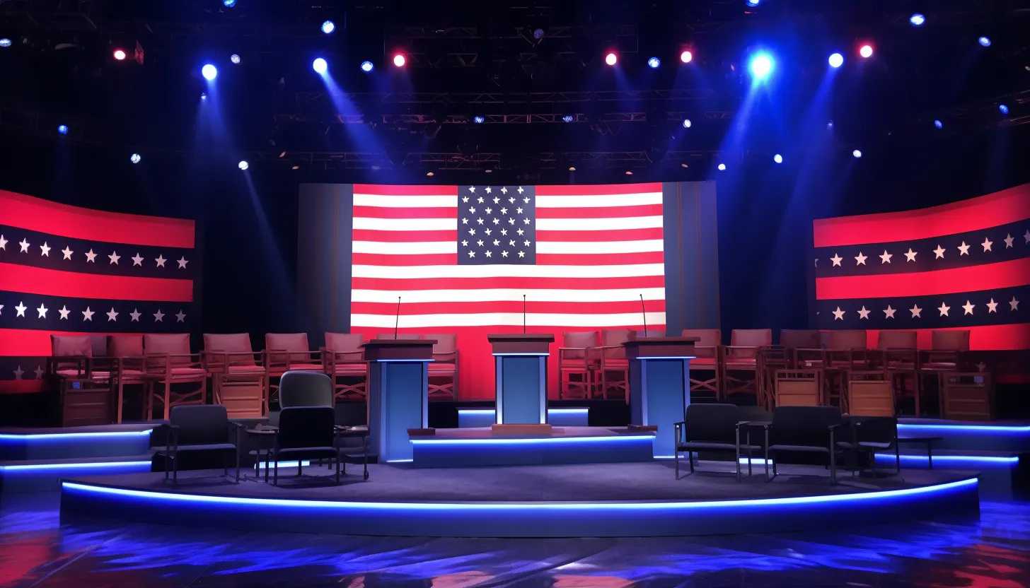 A final photograph of the debate stage captured with a Sony A9, to symbolize the concluding discussions about the candidates' performance.