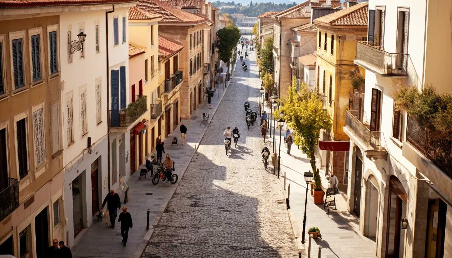 A high-angle shot of a cobblestone street in Athens, busy with city life and political hustle. A less crowded spot could be used to signify the exclusive meeting of Balkan leaders. Image taken with a Canon EOS 5D Mark IV.