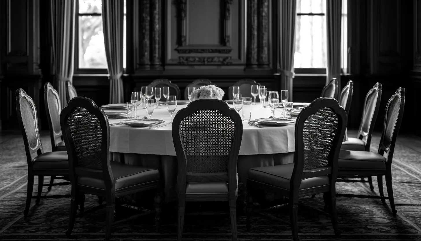 A greyscale image of an empty chair at a lavish dinner table set, signifying the notable absence of Albanian Prime Minister Edi Rama. Mixed feelings of anticipation and political tension should be portrayed through this image. Taken with a Sony A7R III.