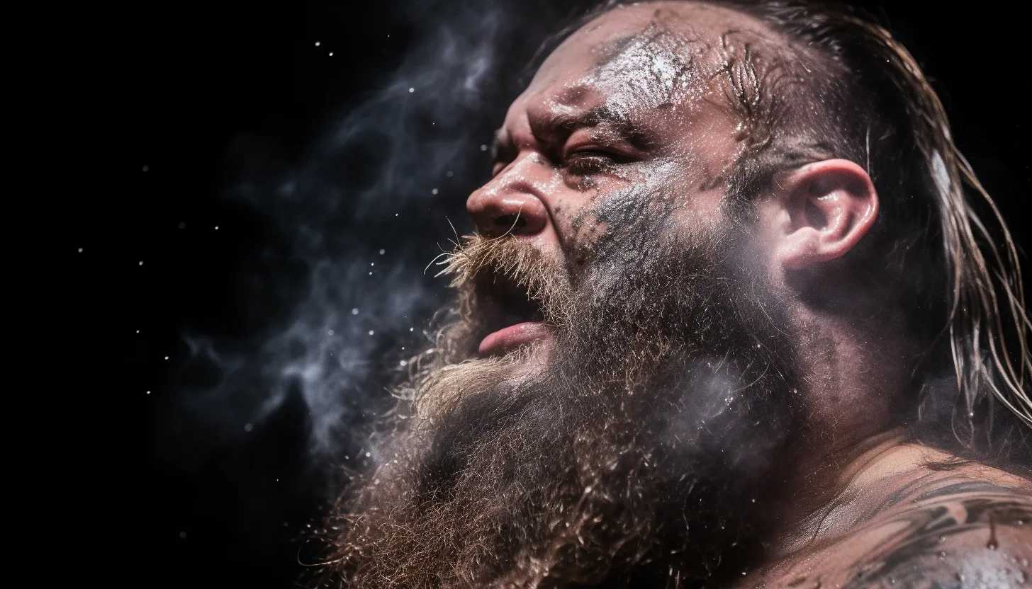 "Bray Wyatt in the middle of a powerful wrestling move, the intensity in his eyes reflecting his passion for wrestling. Captured with a Nikon D750.