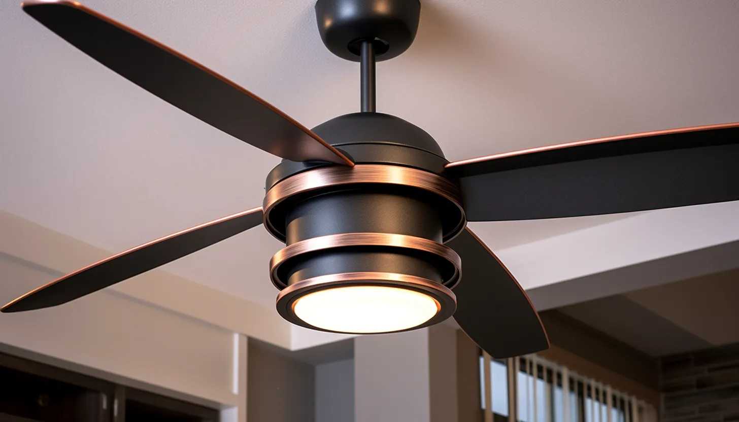 A close-up shot of a modern, sleek ceiling fan in motion, taken with a Canon EOS R5, showcasing the appliance that's at the center of the new proposed energy regulations.