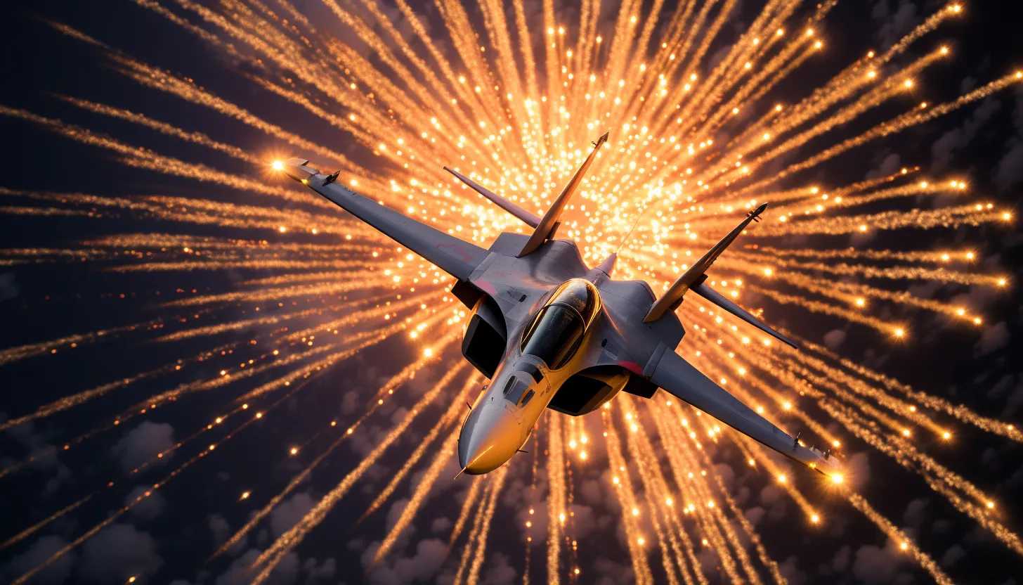 "A sleek, silver F-16 jet piercing through the crystalline sky, its underbelly glowing with the fire of flares - taken with Canon EOS 5D Mark IV"