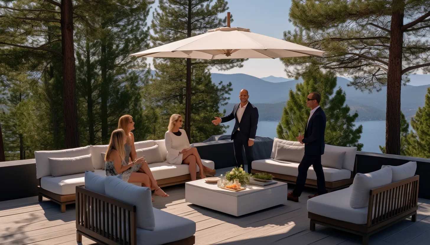 "President Biden caught mid-gesture as he converses with family members on the deck of an exclusive Lake Tahoe home, mountains framing the background - taken with Leica Q2"