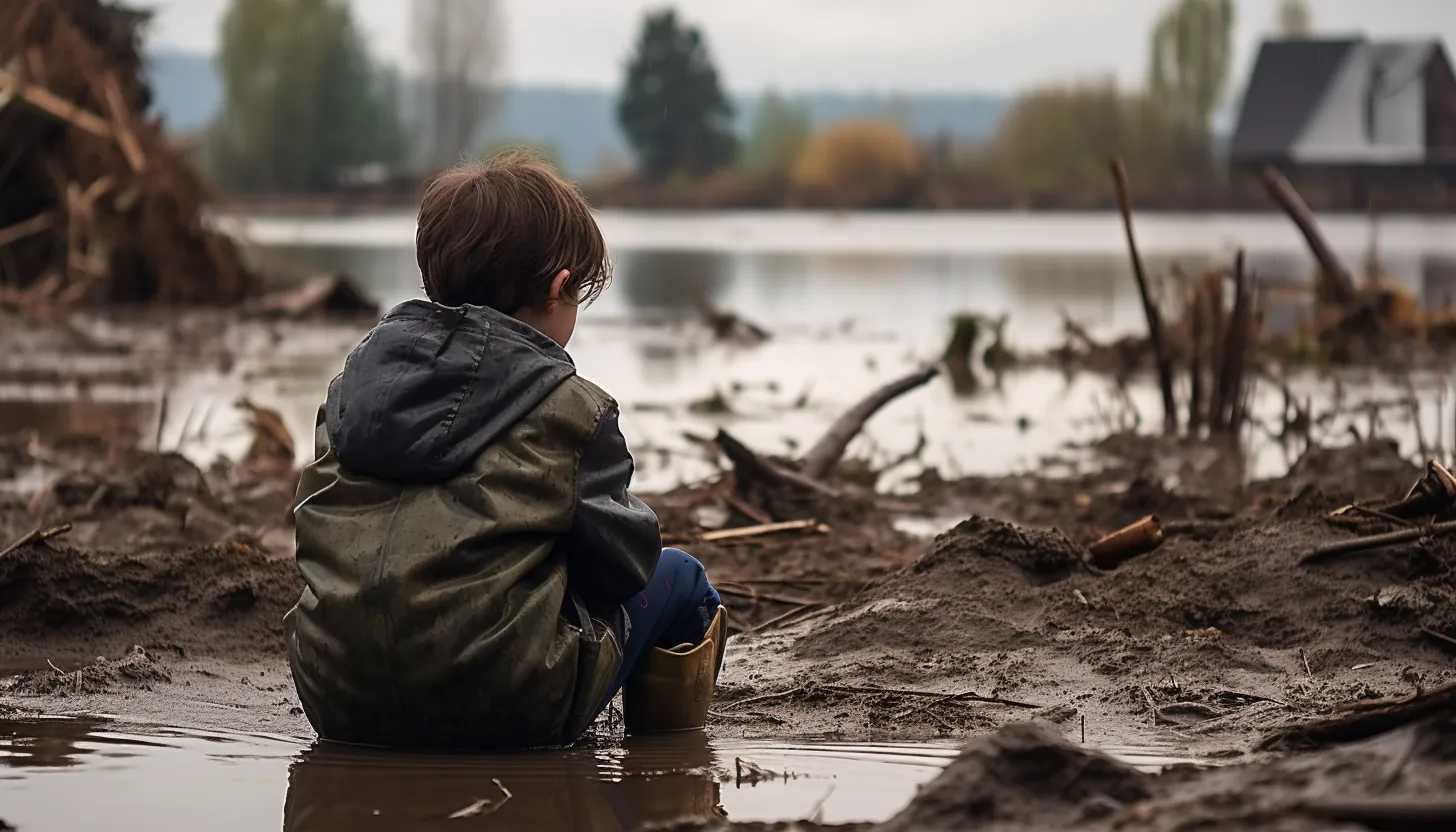 A young child looking out at the flooded fields, reflecting the plight of the millions in need, taken with a Canon EOS 5D Mark IV.