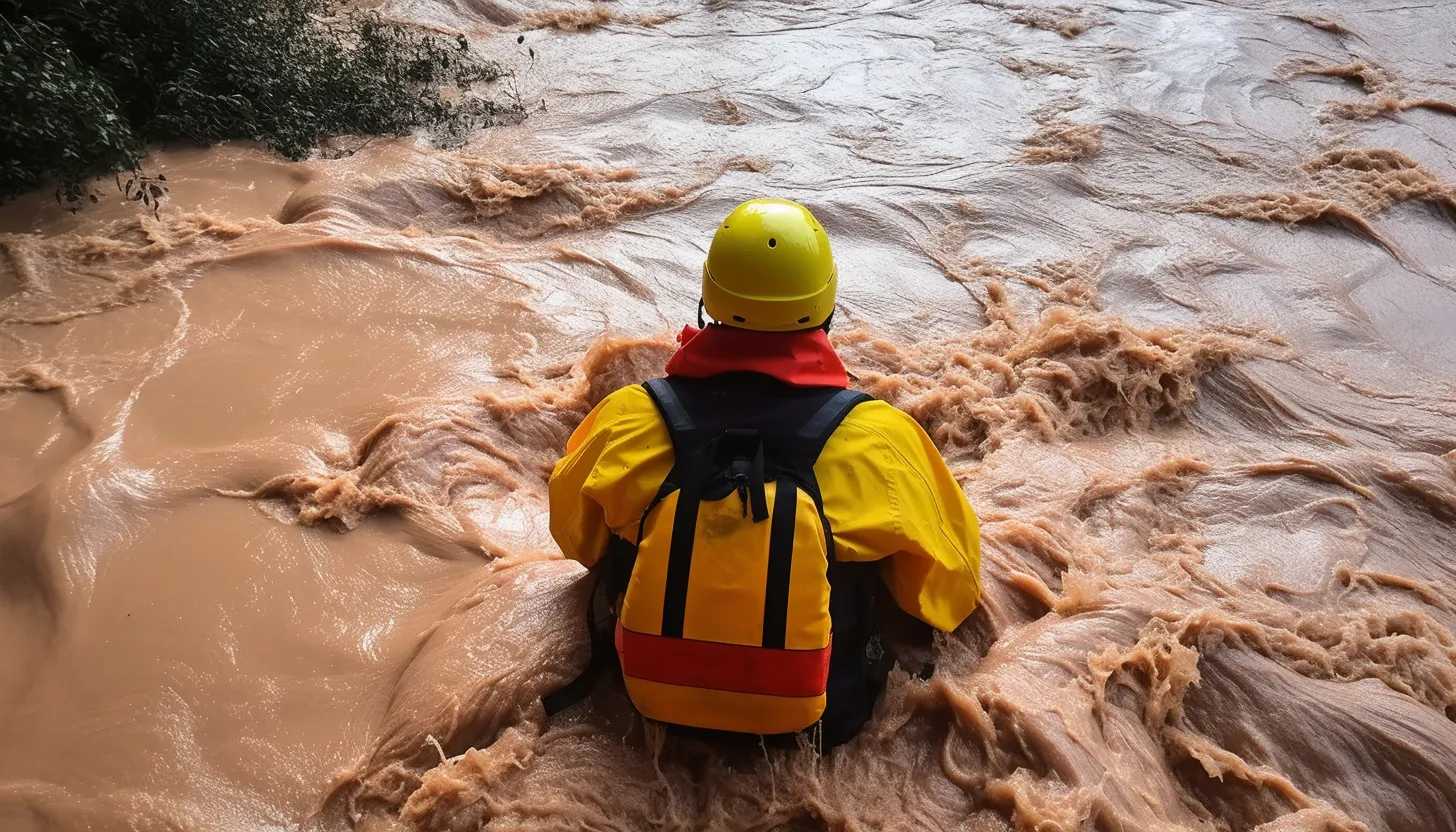 A rescue worker navigating a sea of floodwater, symbolizing the ongoing struggles with River Sutlej's overflow, taken with a Nikon D850.