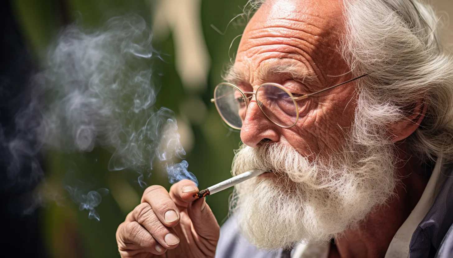 A close up of a thoughtful elderly person, perhaps in their mid-60s or older, pondering while looking at a rolled cannabis joint. The backdrop can be a home setting and the expression should reflect introspection rather than amusement, suggesting the serious consideration of cannabis use. (Taken with a Canon EOS 5D Mark IV)
