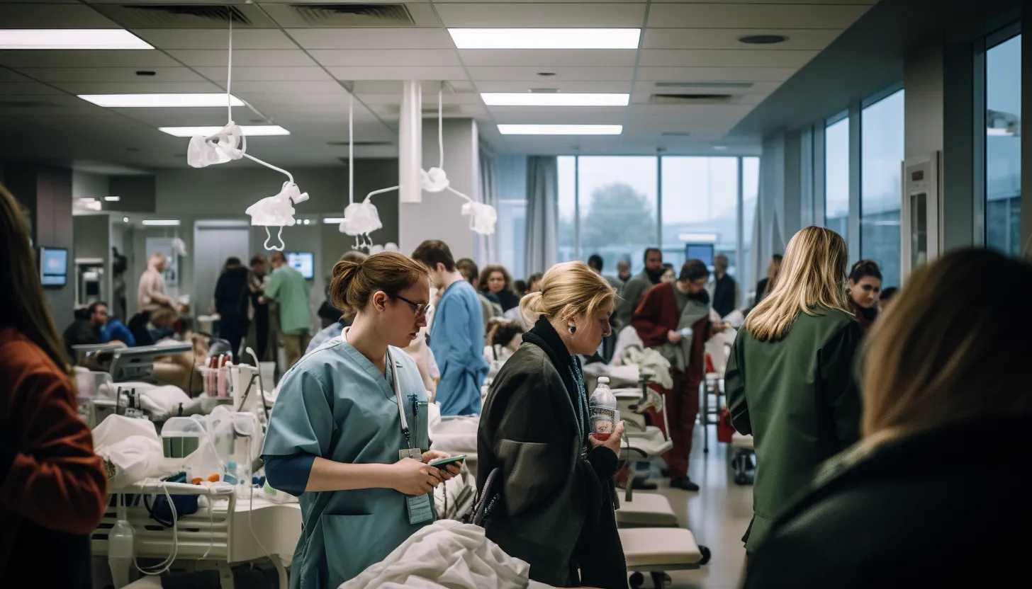 An urgent image of a busy emergency room, avoiding any identifiers to maintain patient privacy. The shot can be taken from a distance ensuring no focus on individuals, symbolizing the increased ER visits linked to cannabis use. (Taken with a Sony Alpha 7R IV)