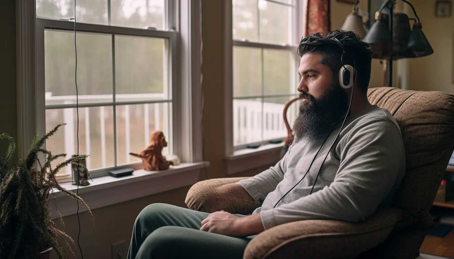 A candid image of a man, representing Jacob Rosales, sitting peacefully in his home in Fayetteville, North Carolina, speaking softly to an unseen listener, creating a sense of anticipation for Nellie's first hearing experience. Shot on a Nikon D850.