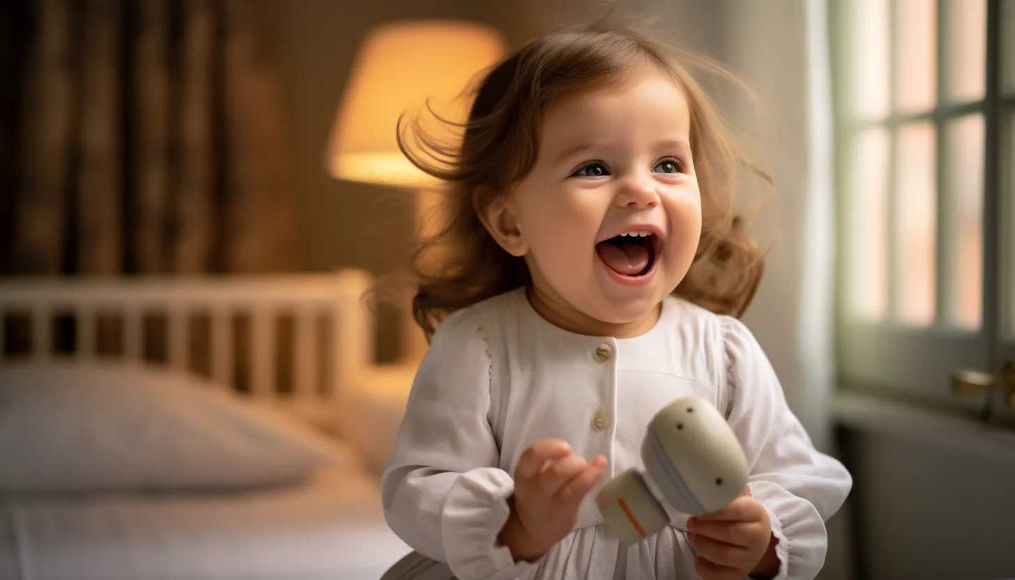 A heartwarming photo of a baby girl, comparable to Nellie, joyfully playing with a small object, signalling the newfound excitement Nellie feels every time her hearing device is put on. Captured using a Sony Alpha 7R III.