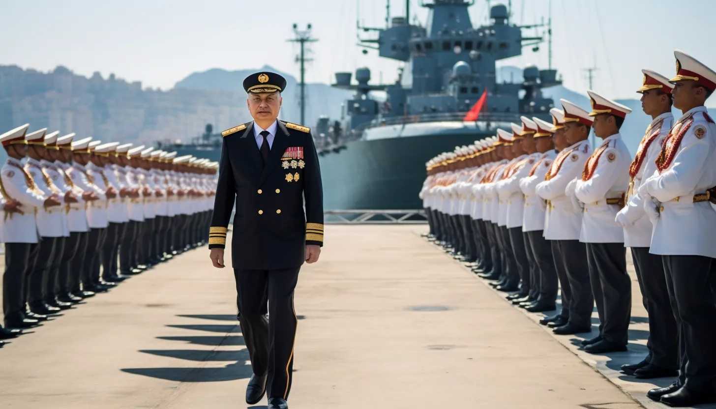 A snapshot of Russian Defense Minister Sergei Shoigu inspecting naval vessels during a military parade in Pyongyang. Taken with a Canon EOS R camera.