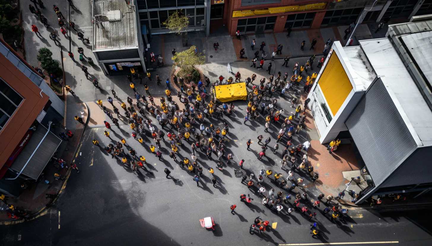 An aerial view of workers peacefully protesting for their right to choose union membership, taken with a Sony A7R IV.