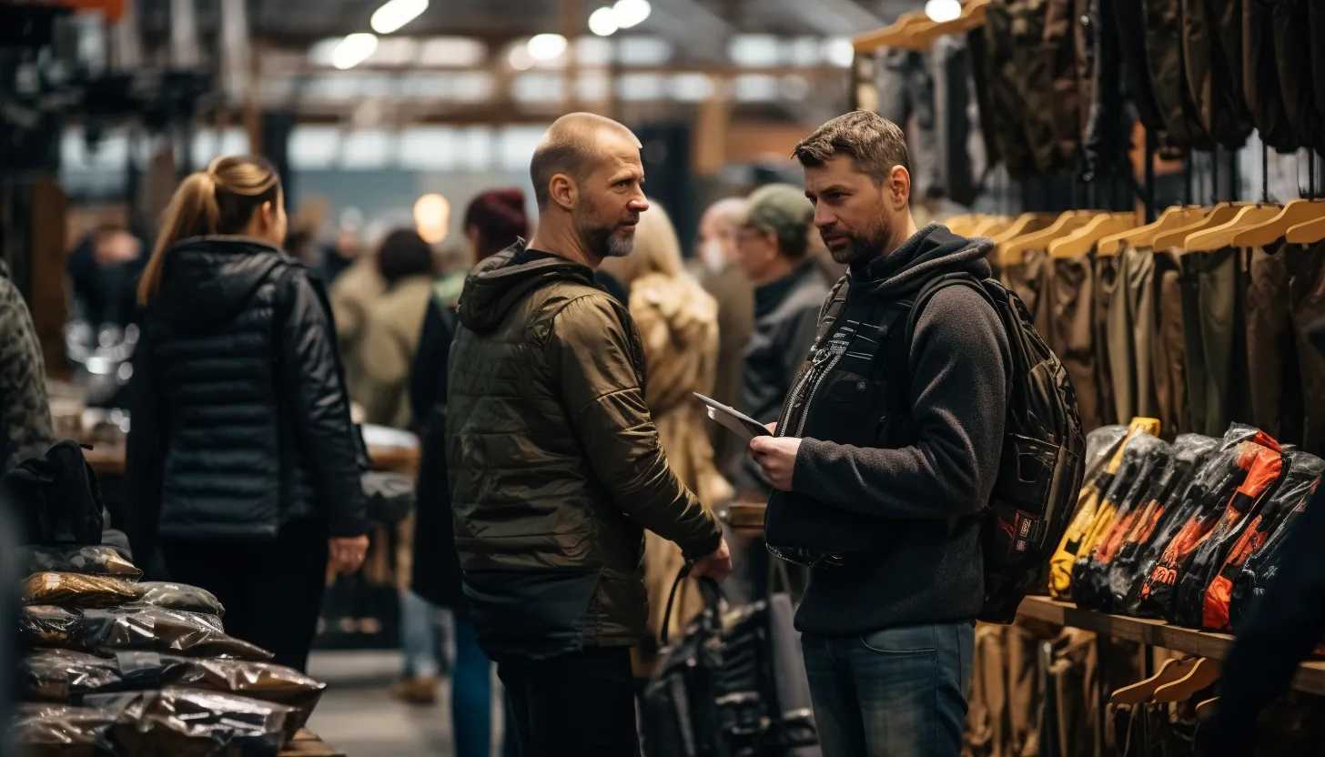 A photo of attendees at a gun show, exploring various firearms available for purchase. The image showcases the diversity of products and people present. Taken with a Sony Alpha a7 III.
