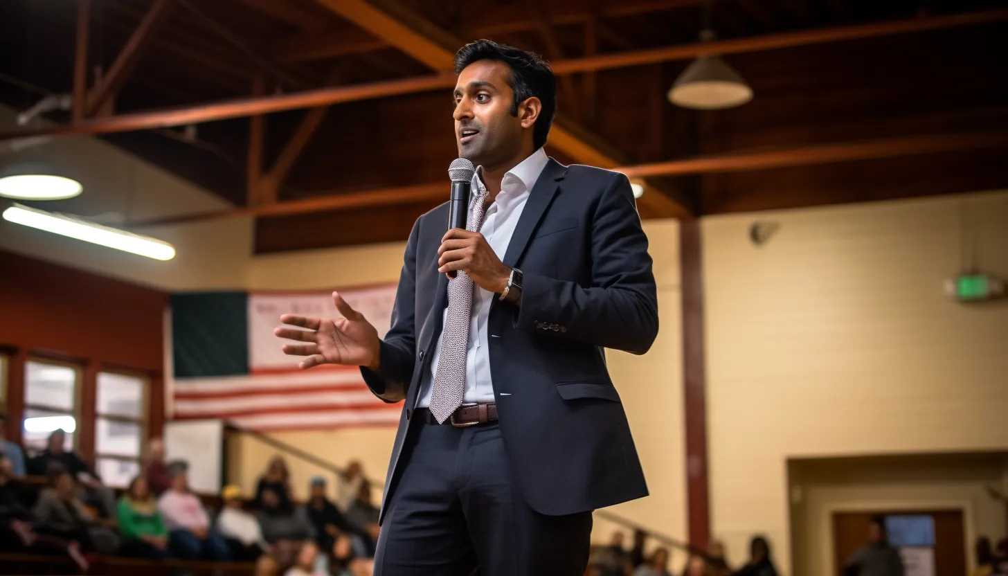 Vivek Ramaswamy speaking at a campaign event in New Hampshire (taken with Nikon D850)