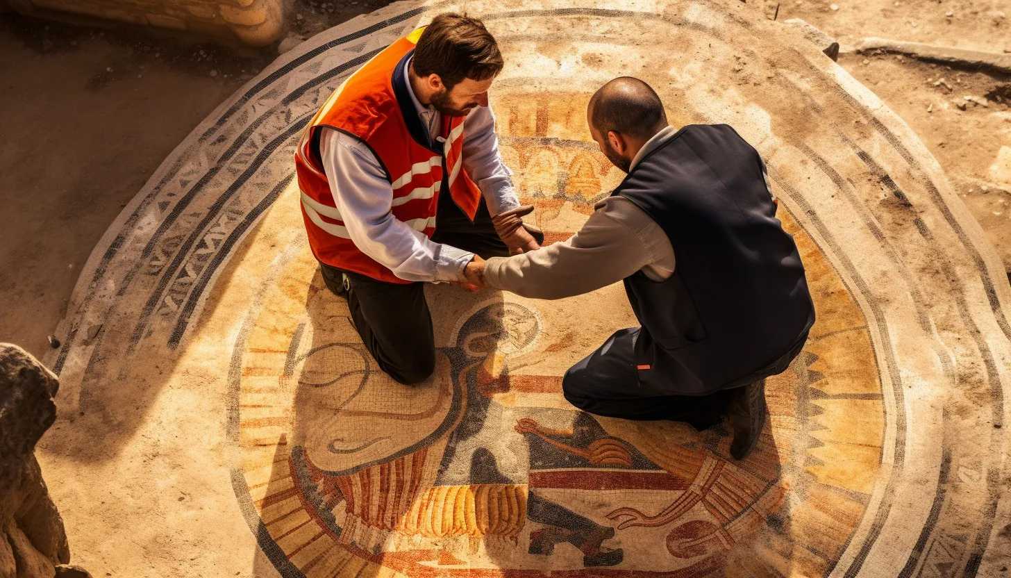 A picture of archaeologists carefully examining the ancient Christian Mosaic amid the historical landscape it originates from - portraying the intense scrutiny and debate this issue has stirred; taken with Canon EOS 5D Mark IV