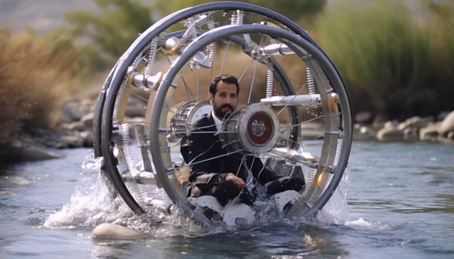 Reza Baluchi standing defiantly next to his hamster wheel contraption during his previous attempt to run on water