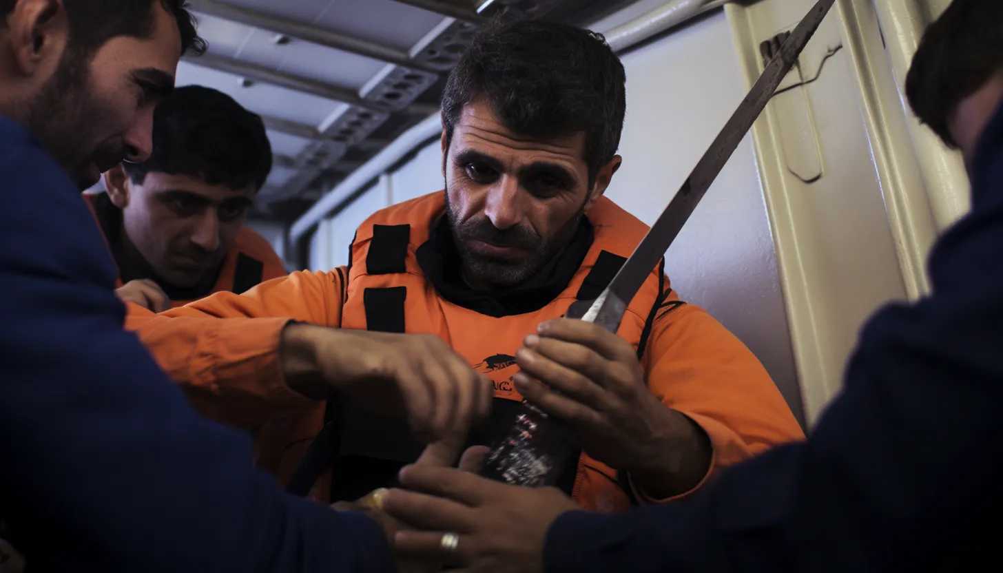 USCG officers negotiating with Reza Baluchi as he holds a 12-inch knife onboard his vessel