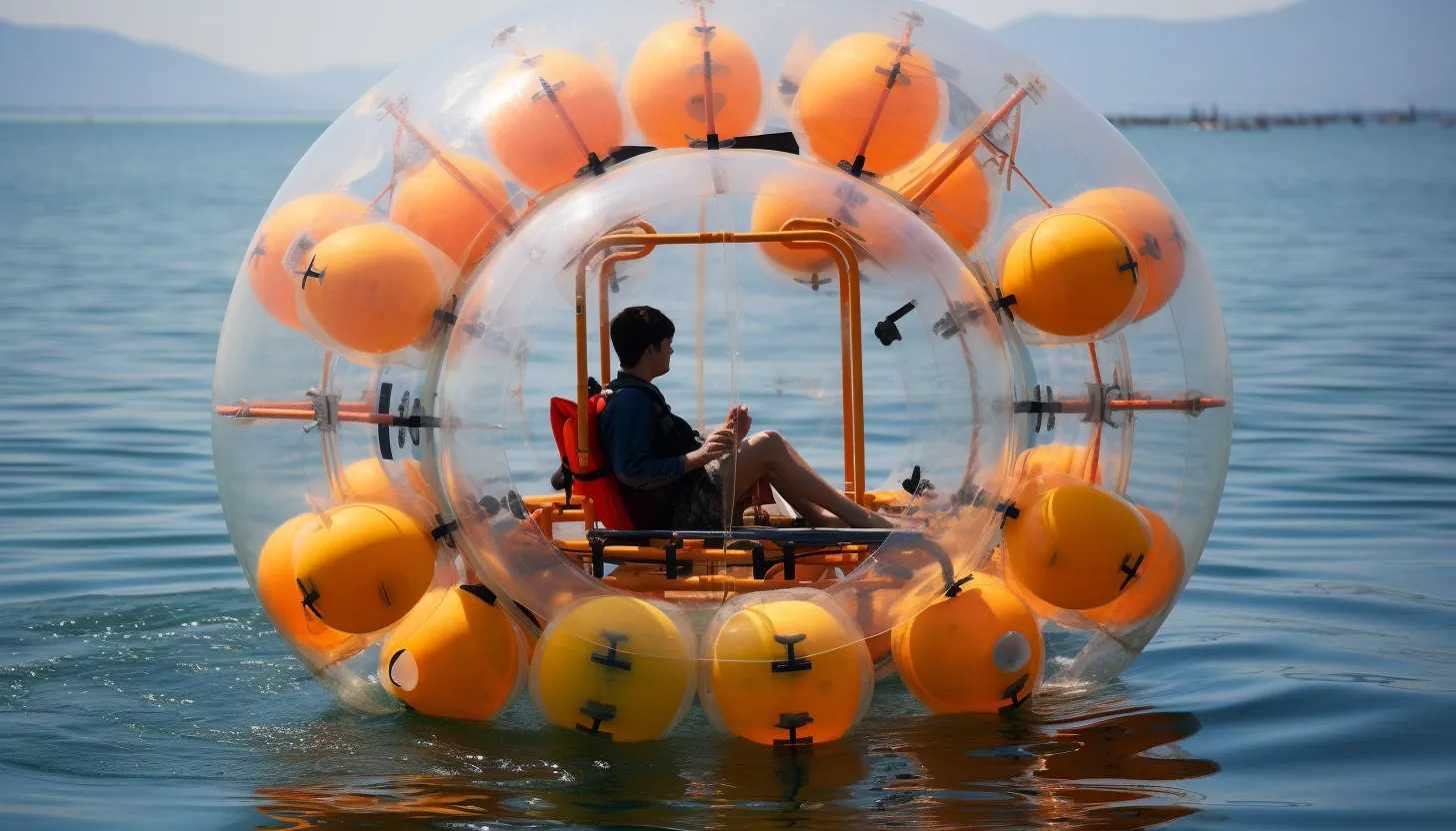 A close-up of Reza Baluchi's human-sized hamster wheel contraption, showing the inflatable buoys and paddles