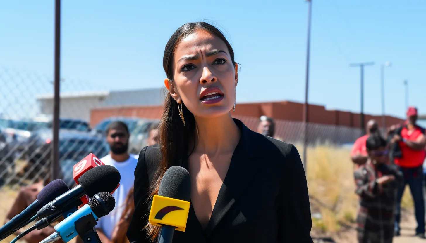Rep. Alexandria Ocasio-Cortez speaking at a press conference in front of a migrant facility