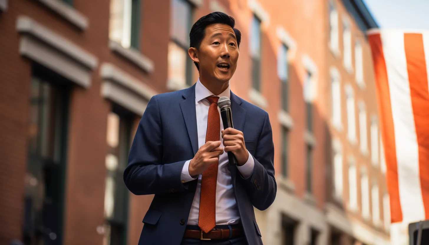 David Oh, the 2024 Republican candidate for mayor of Philadelphia, discussing the city's crime policies. [Photo prompt: David Oh speaking at a campaign rally, taken with Nikon D850]