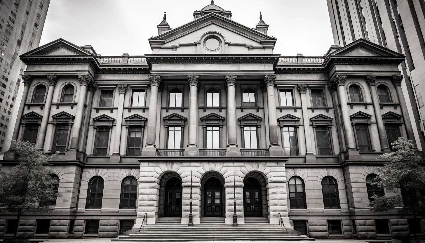 A vintage-inspired black and white image of the Ohio Supreme Court building, where important decisions regarding the state's congressional map are made. Taken with a Leica M10-P.