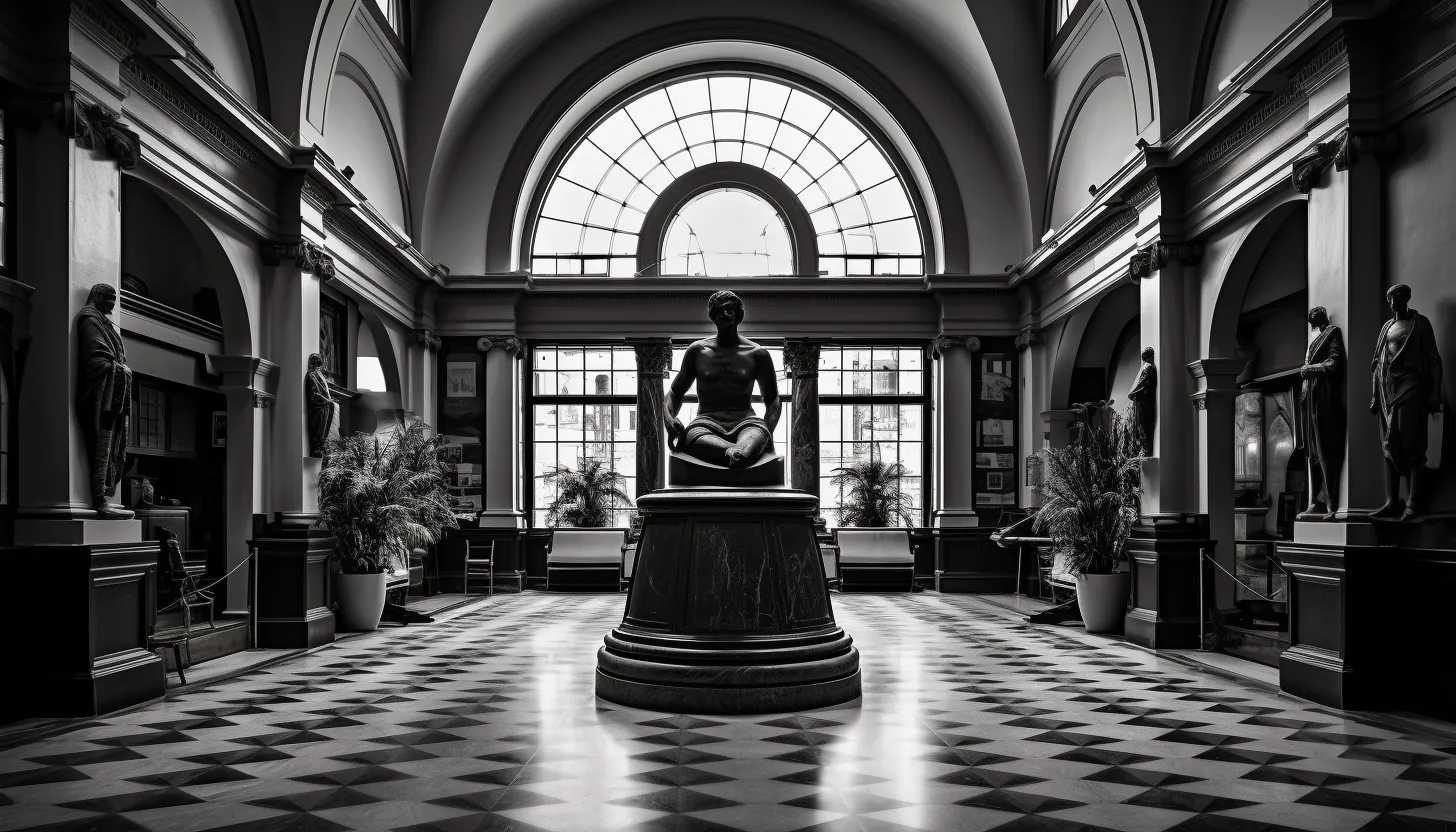 An artistic black and white shot of the Worcester Art Museum, where the bronze bust was acquired in 1966, captured with a Nikon D850.