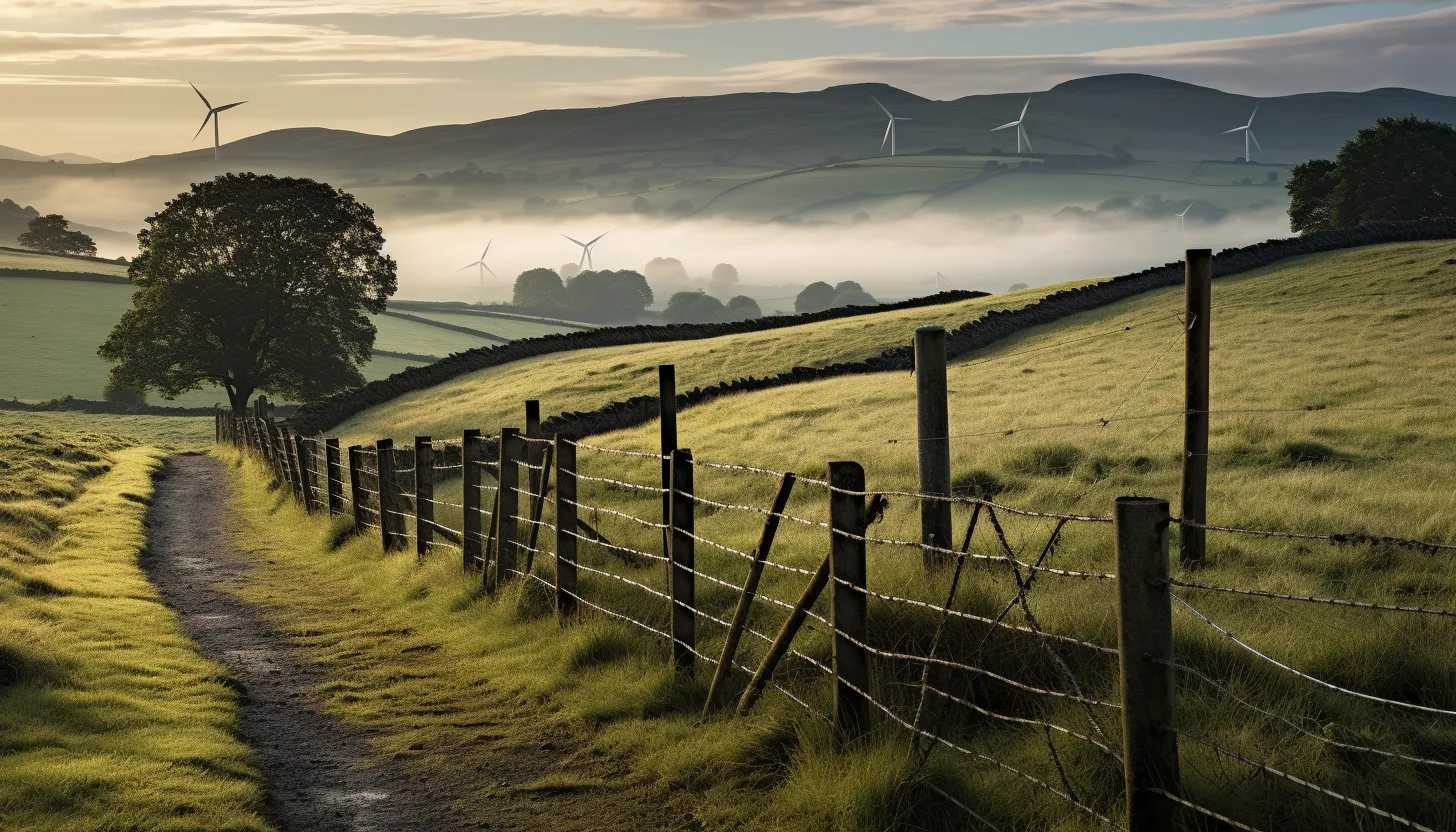 A scenic image of an onshore wind farm in the picturesque countryside of England, taken with a Nikon D850.