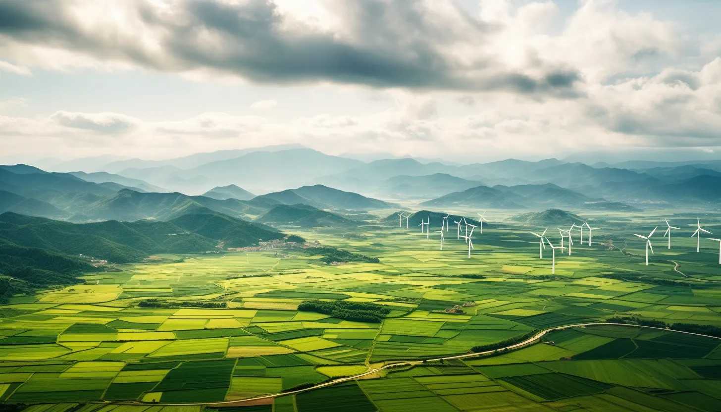 An aerial view of a vibrant green landscape dotted with wind turbines, symbolizing the progress towards renewable energy goals, photographed with a Sony A7 III.