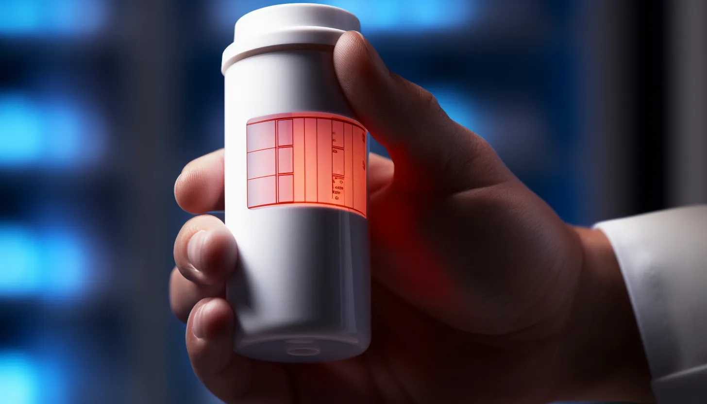 A close-up shot of a pill bottle labeled 'AI-generated Drug' with a hand reaching for it, taken with a Canon EOS R5.