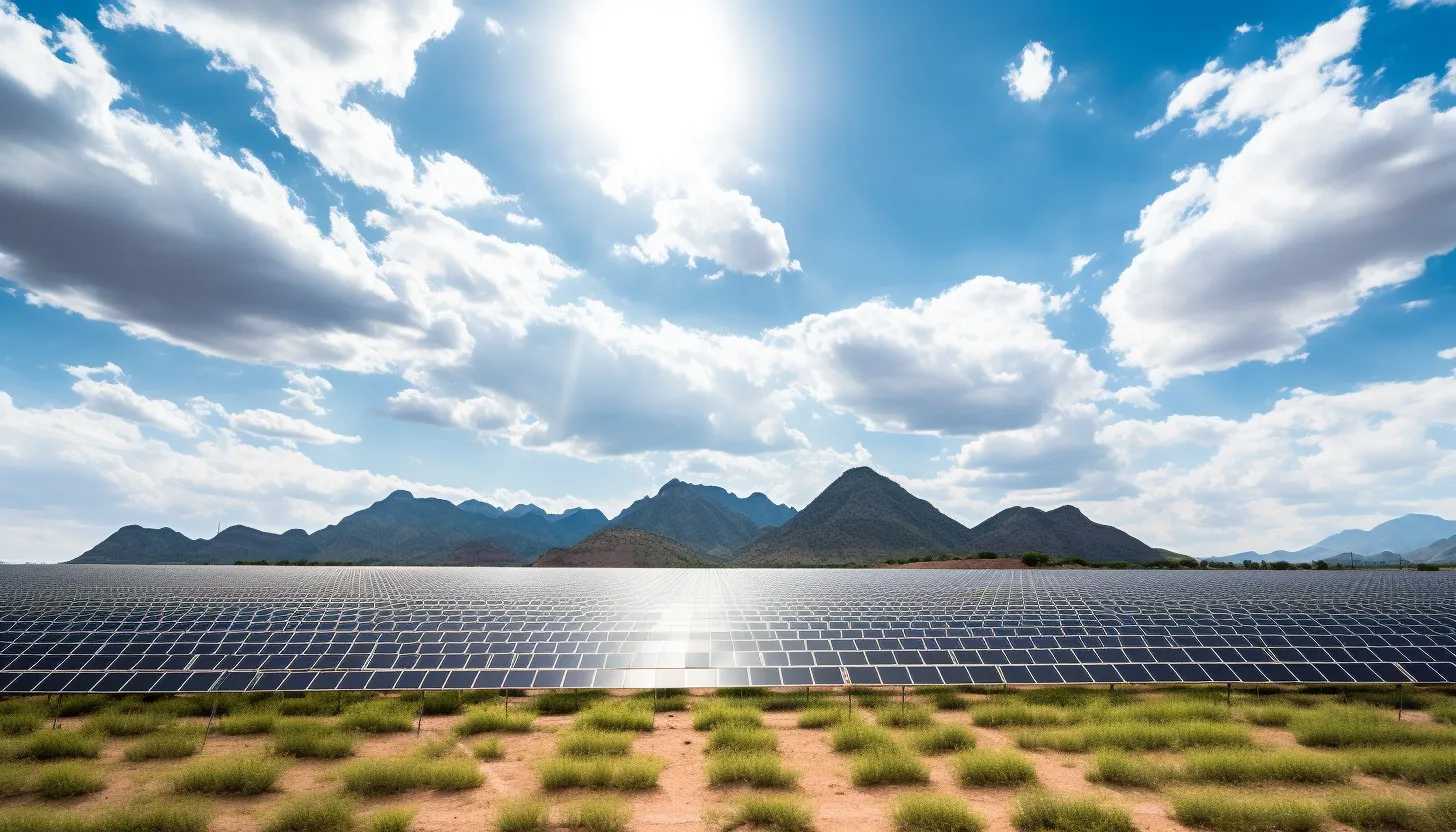 A panoramic shot of a vast solar farm array with numerous solar panels gleaming under the sun, symbolizing the global solar industry. Taken with a Canon 5D Mark IV.