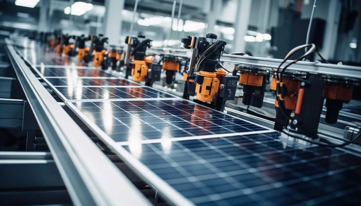 An industrial close-up photograph illustrating the final assembly line of solar panels, emphasizing the intricate complexities of their production, in a factory in Southeast Asia. Taken with a Sony A7R III.
