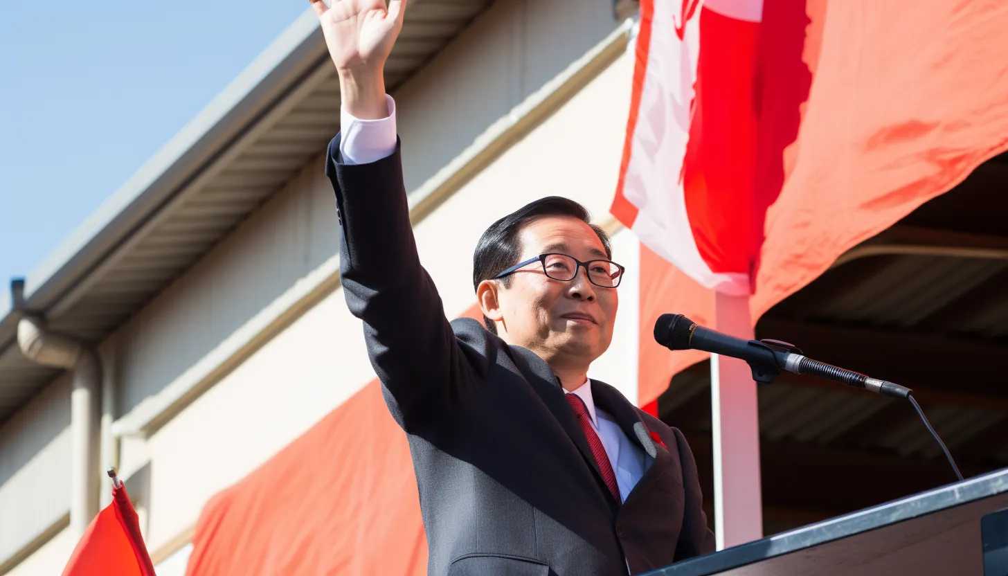 A photo of Japanese Prime Minister Fumio Kishida waving during a campaign rally in Saikazaki, taken with a Canon EOS 5D Mark IV.