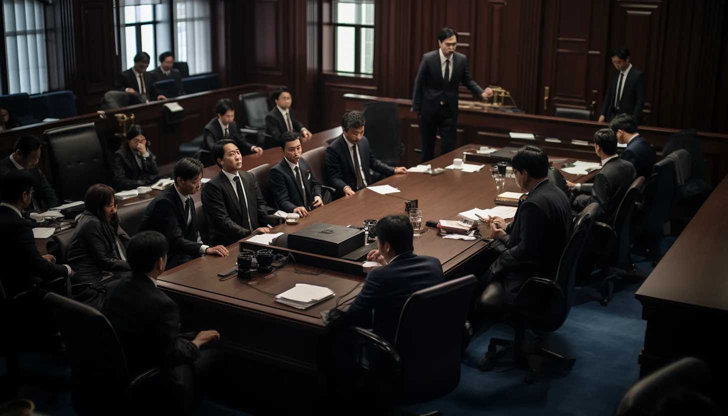 A picture of a courtroom where Ryuji Kimura's trial is taking place, showcasing the gravity of the situation and the legal proceedings, shot with a Sony Alpha A7 III.