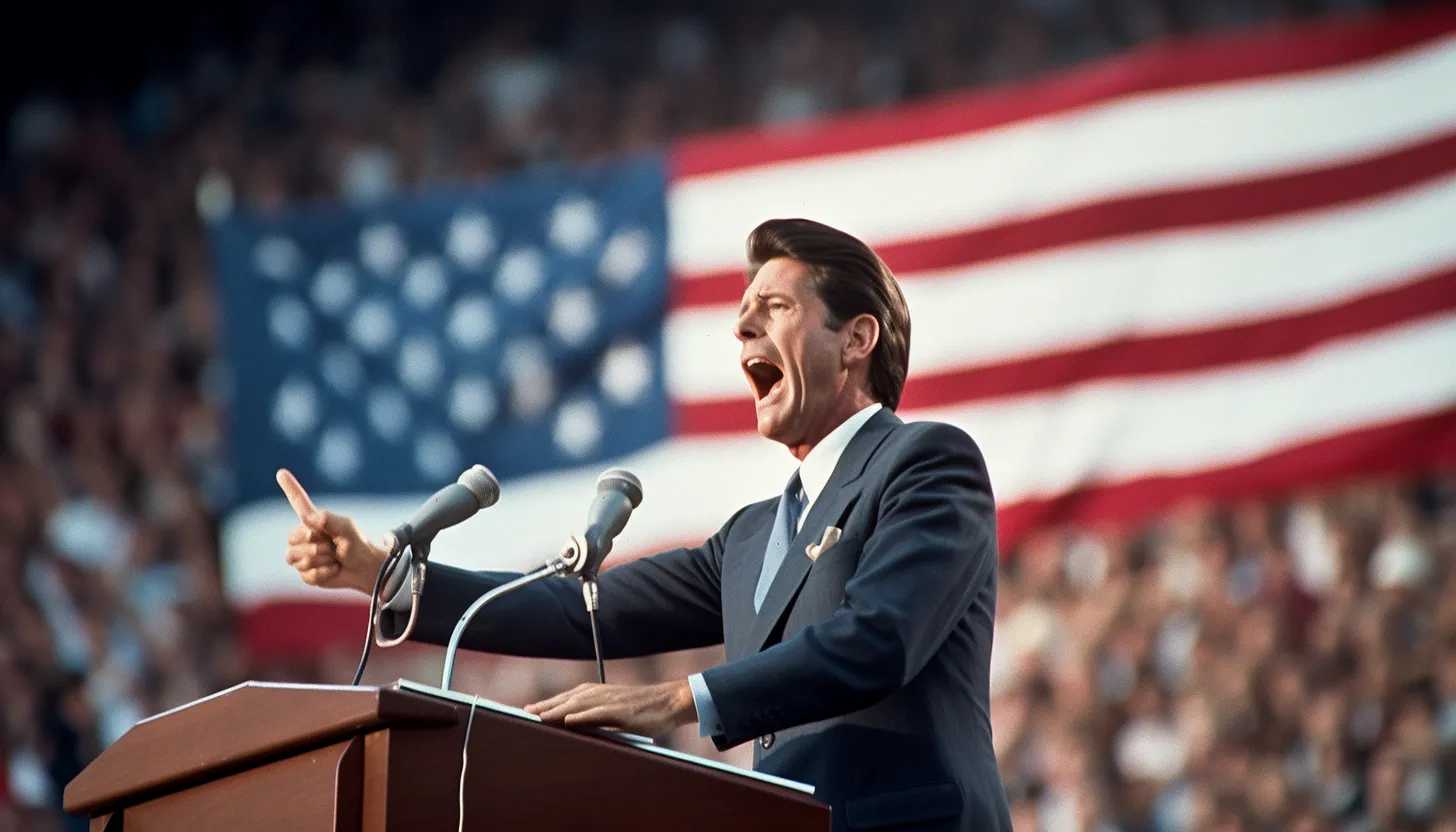 President Ronald Reagan delivering a powerful speech in front of a massive crowd during his presidency. (Taken with a Sony A7III)